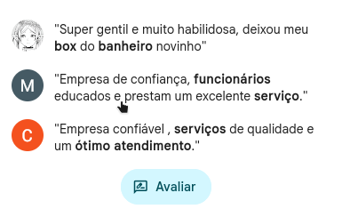 Avaliação de 5 estrelas no Google escrita por três clientes elogiando o box do banheiro e o atendimento