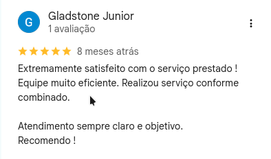 Avaliação de 5 estrelas no Google escrita por Gladstone Junior