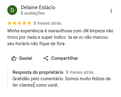 Avaliação de 5 estrelas no Google escrita por Delaine Estácio