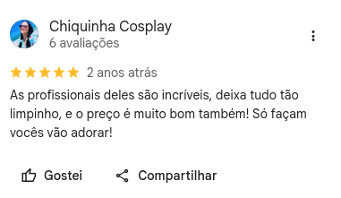 Avaliação de 5 estrelas no Google escrita por Chiquinha Cosplay