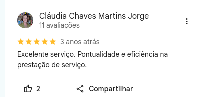 Avaliação de 5 estrelas no Google escrita por Cláudia Chaves Martins Jorge