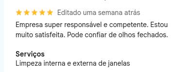 Avaliação de 5 estrelas no Google escrita por uma cliente sobre limpeza de janelas